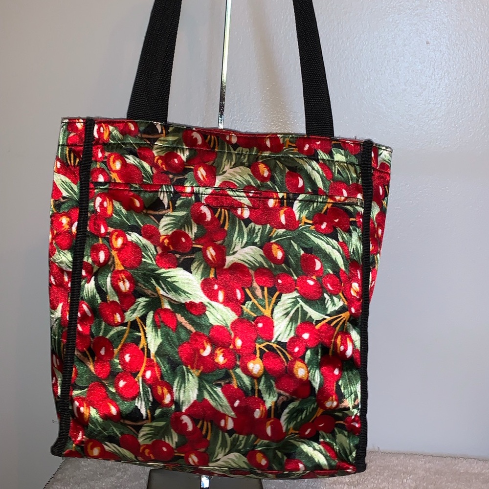 Cherry Pattern Canvas Tote with Black Handles
